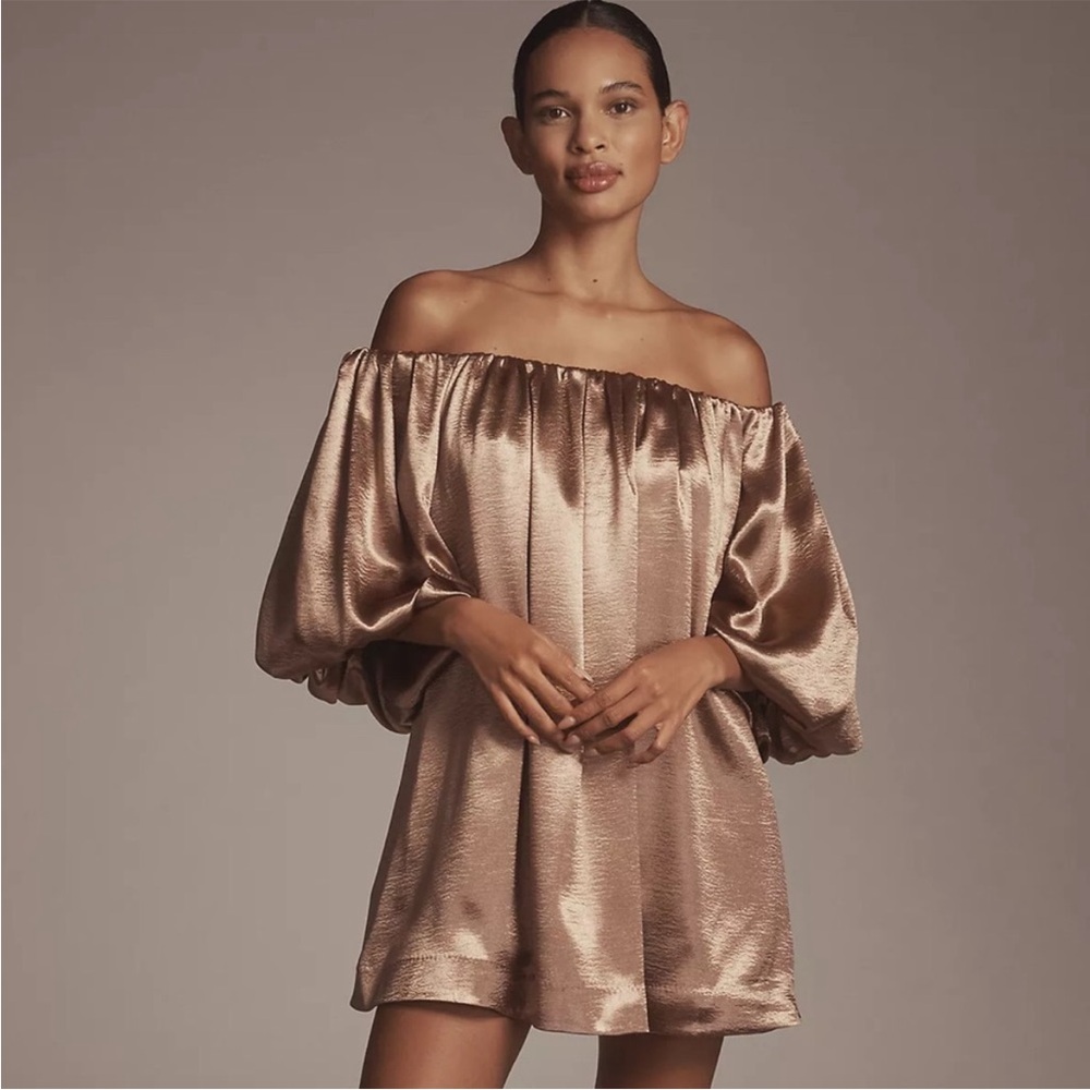NWT Anthropologie Mare Mare Off The Shoulder Puff Sleeve Satin Shine Mini Dress